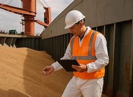 Inspector de ILC realizando inspección agrícola, con overol blanco con líneas celestes/azules/naranjas, chaleco de seguridad naranja y casco blanco.